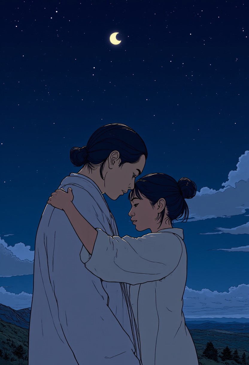 An illustration of a 26 year old Japanese woman. She has black hair tied up in 2 side buns. She is standing under the stars hugging a Japanese man. 
The night sky behind her. A crescent moon overhead.