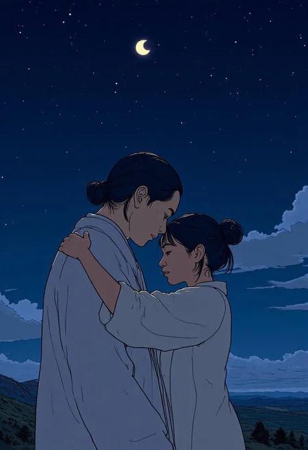 An illustration of a 26 year old Japanese woman. She has black hair tied up in 2 side buns. She is standing under the stars hugging a Japanese man.
The night sky behind her. A crescent moon overhead.