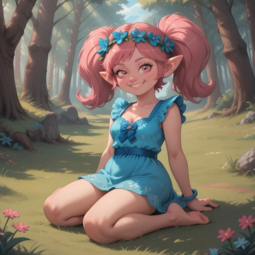 score_9, score_8, BREAK, solo, cleavage, Poppy_(\Trolls\), pink skin, pink hair, pink nose, ponytail, pink eyes, pointy ears, bracelet, hair flower, head wreath, cyan dress, barefoot, sexy pose, smile, outdoors, sunlight, shadows, evening lighting, natural lighting, forest, trees, grass, orange sky, sunset, sitting, soles