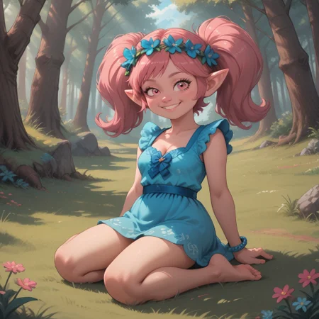 score_9, score_8, BREAK, solo, cleavage, Poppy_(\Trolls\), pink skin, pink hair, pink nose, ponytail, pink eyes, pointy ears, bracelet, hair flower, head wreath, cyan dress, barefoot, sexy pose, smile, outdoors, sunlight, shadows, evening lighting, natural lighting, forest, trees, grass, orange sky, sunset, sitting, soles