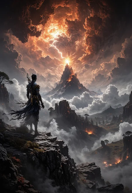 anhei a headless horseman stands on the top of a mountain, a volcanic eruption is on the horizon, a phoenix is reborn from a fiery explosion of a volcano to the whole sky, the color scheme is black and white, only fiery colors stand out in a gloomy environment.