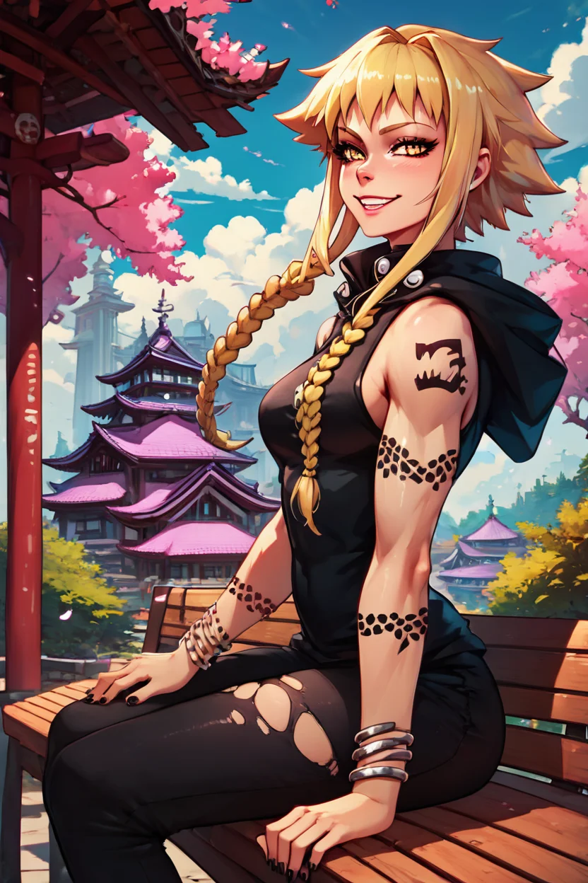 score_9, score_8_up, score_8, medium breasts, (curvy), cute, eyelashes, BREAK, , zzMedusa, blonde hair, long hair, braid, yellow eyes, tattoo, hood, jewelry, bracelet, sleeveless, nail polish, hoodie, braid, black nails, <lora:Medusa_SoulEater_PDXL_v2:1.0>, BREAK, sitting on bench, side view, smile, looking at viewer, cowboy shot, ,,, BREAK, pnkBldng, sky, day, cloud, tree, blue sky, building, architecture, east asian architecture, ,,, BREAK, embedding:zPDXL, Expressiveh, ,,, <lora:PinkBuildingsPDXL_v2:0.6>, <lora:SDXLFaeTastic2400:0.5>, <lora:Expressive_H-000001:0.4>