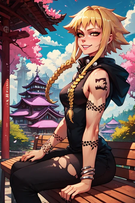 score_9, score_8_up, score_8, medium breasts, (curvy), cute, eyelashes, BREAK, , zzMedusa, blonde hair, long hair, braid, yellow eyes, tattoo, hood, jewelry, bracelet, sleeveless, nail polish, hoodie, braid, black nails, <lora:Medusa_SoulEater_PDXL_v2:1.0>, BREAK, sitting on bench, side view, smile, looking at viewer, cowboy shot, ,,, BREAK, pnkBldng, sky, day, cloud, tree, blue sky, building, architecture, east asian architecture, ,,, BREAK, embedding:zPDXL, Expressiveh, ,,, <lora:PinkBuildingsPDXL_v2:0.6>, <lora:SDXLFaeTastic2400:0.5>, <lora:Expressive_H-000001:0.4>
