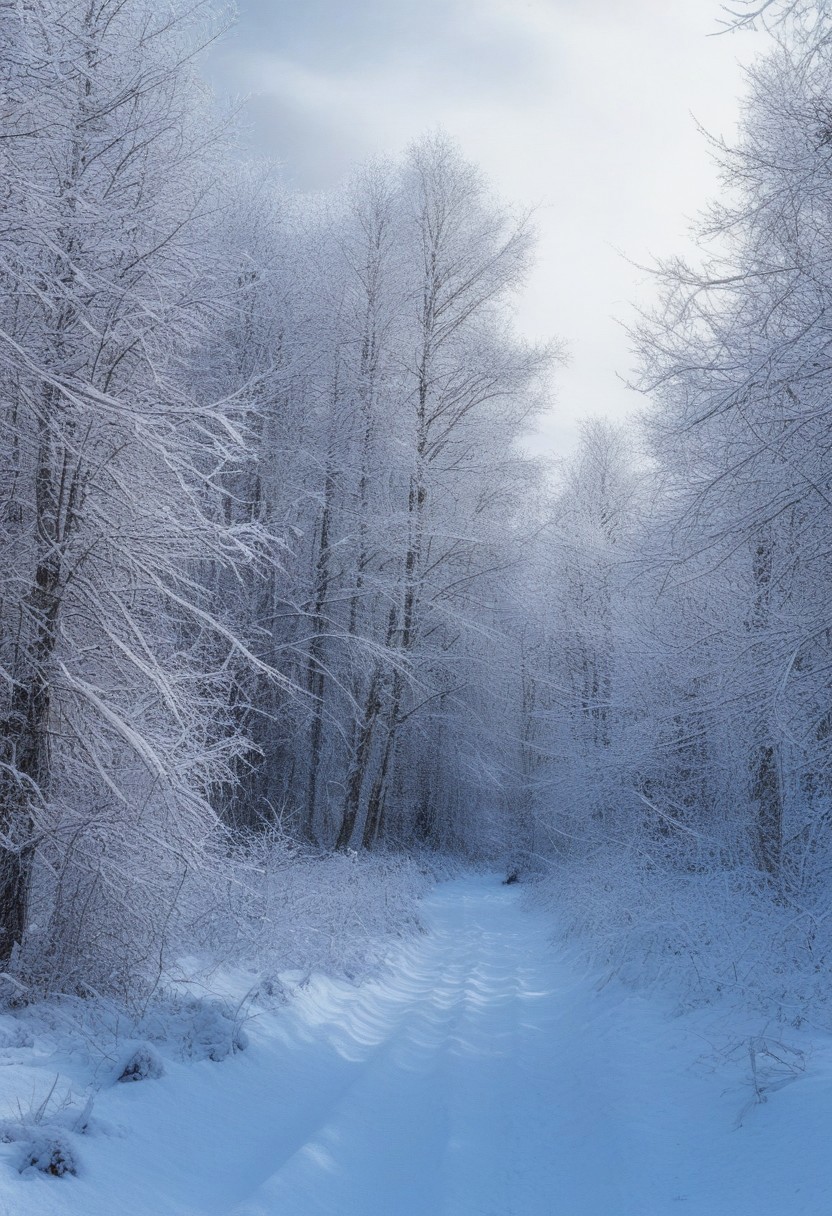 Landscape, very realistic photography, winter forest background with snow on the branches