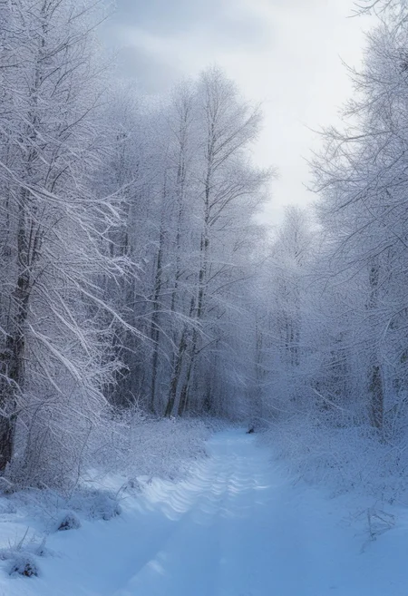 Landscape, very realistic photography, winter forest background with snow on the branches