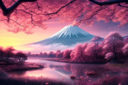 Mh1$AgThS2, intricate linework with expressive contrasts, soft lighting with dynamic highlights, a tranquil large lake in the uplands, sakura trees, blossom, mist, dawn, reflection, with mount fuji in the distance, no humans, In the style of ff-td, FanLan
