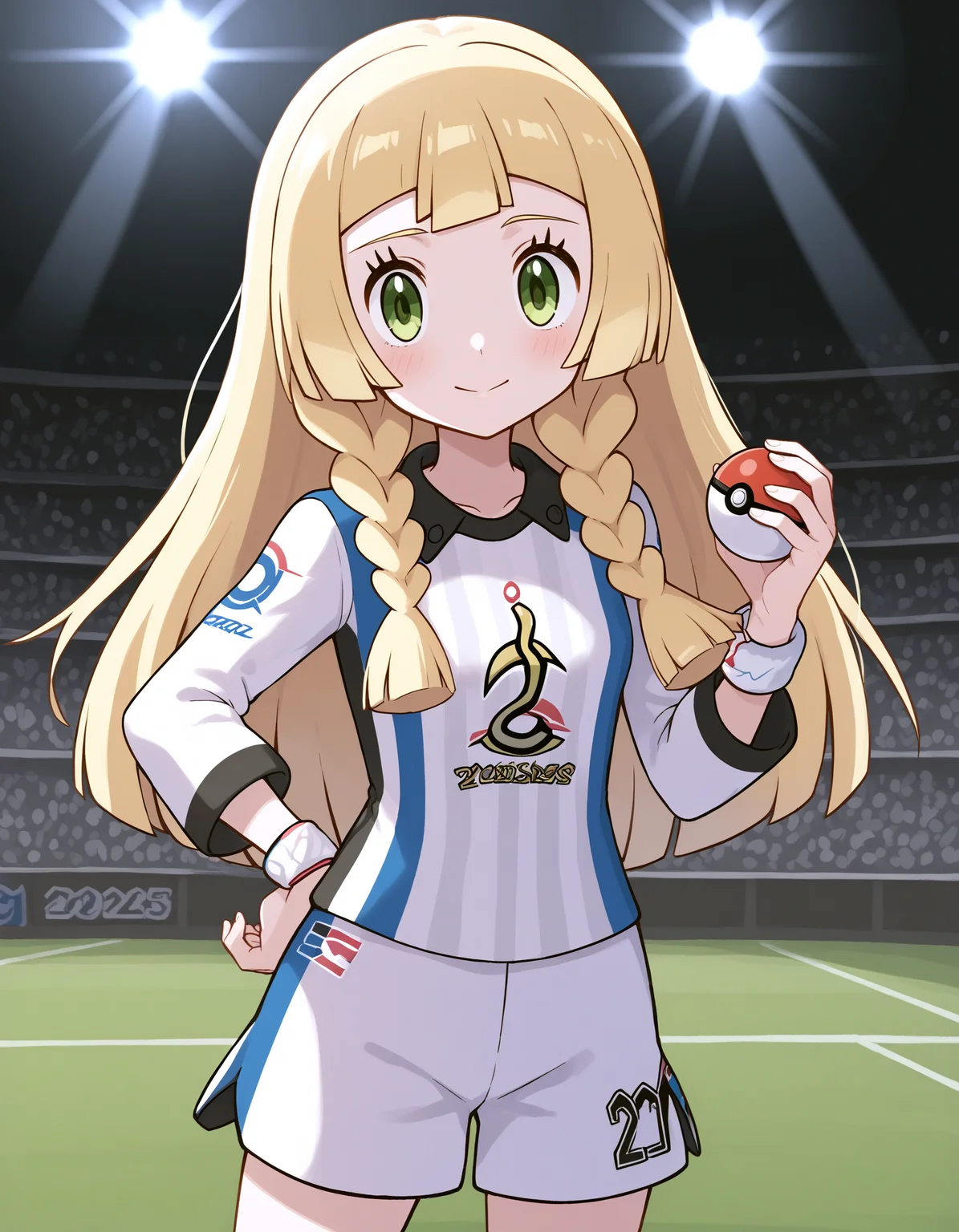 score_9, <lora:sdxl_lightning_8step_lora:1> source_anime, rating_safe BREAK 1girl, lillie \(pokemon\), twin braids, green eyes
<lora:ponyxl-character_gloria_gym_challenge:1> , gym challenge uniform, white shirt, striped shirt, long sleeves, white shorts, (number print:1.2), wristband,
stadium, crowd, spotlight, holding poke ball \(basic\),
