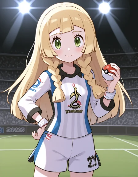 score_9, <lora:sdxl_lightning_8step_lora:1> source_anime, rating_safe BREAK 1girl, lillie \(pokemon\), twin braids, green eyes
<lora:ponyxl-character_gloria_gym_challenge:1> , gym challenge uniform, white shirt, striped shirt, long sleeves, white shorts, (number print:1.2), wristband, 
stadium, crowd, spotlight, holding poke ball \(basic\),