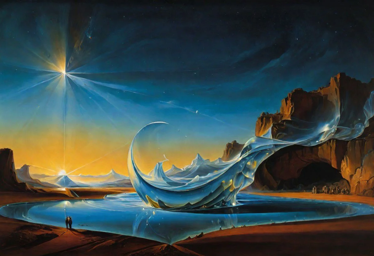 a detailed painting of an ancient crystal by Salvador Dal.
cosmic swirl, eclipse. Each line is offset by height, flowing, beautiful, surreal, unbelievable, prolific, fine detail, uhd 8k