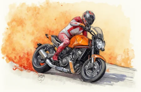 Sharp image of a rough sketch, rendered in vibrant multi colour ballpoint pen, capturing the adorable features of a portrait of asian woman with large breasts, perfect body riding a motorcycle on a track. The motorcycle is orange and black in color and has a sleek design. The rider is wearing a red and white racing suit and a helmet with a visor. They are in the middle of a turn, with their left leg extended and their right leg bent at the knee. The background is filled with orange flames and smoke, creating a dramatic and dynamic scene. The overall mood of the image is intense and powerful.  p3nsk, <lora:p3nsk:1>