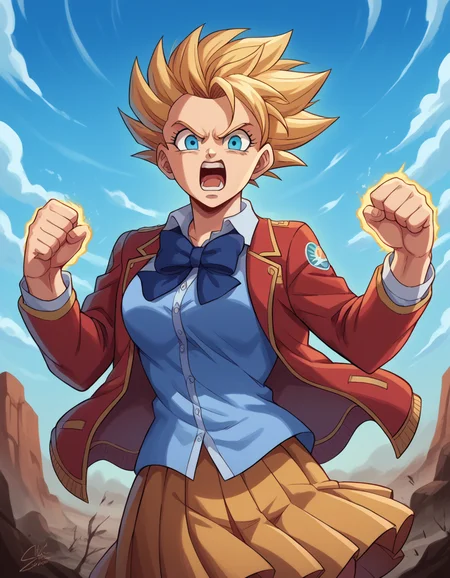score_9, score_8_up, score_7_up, source_anime, <lora:super-saiyan-ponyxl-lora-nochekaiser:1>, super saiyan, spiky hair, aura, open mouth, closed hands, shouting, breast,
<lora:kei-karuizawa-anime-s2-ponyxl-lora-nochekaiser:1>,
skirt, shirt, bow, school uniform, jacket, red jacket, pleated skirt, bowtie, sweater, blue bow, blue shirt,
wasteland, sky, blue sky, clouds,, cowboy shot, dutch angle, looking at viewer,