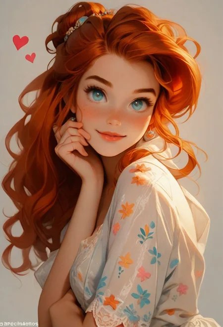 score_9,score_8_up, score_8, perfect cute face, perfect eyes, perfect hands, perfect feet, (PG-rated) 1girl, sexy 24yo redhead, freckles, updo bun, sexy pinup pose, teasing, rompers with thigh high lace stocking and cute mules, medium perfectly round breasts, looking directly at viewer, hourglass body,highest quality,yuri-style, cute, hearts, bright colours, candy.