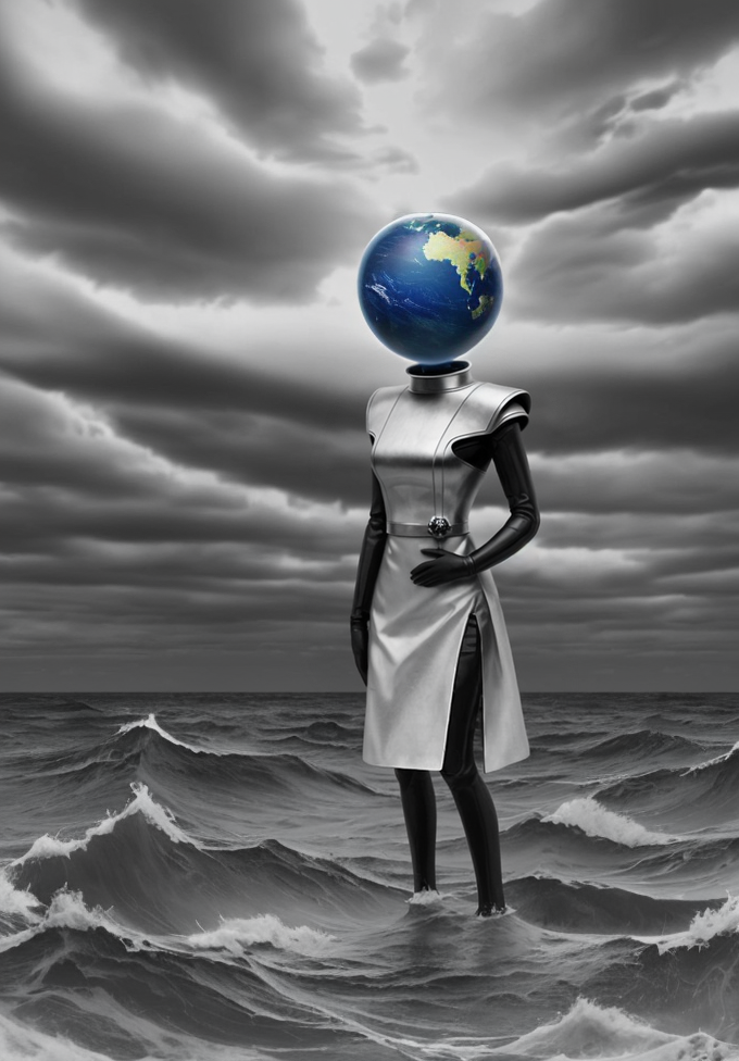 pop surrealist, a woman standing in the middle of the ocean, obsidian globe for a head, standing in a strom