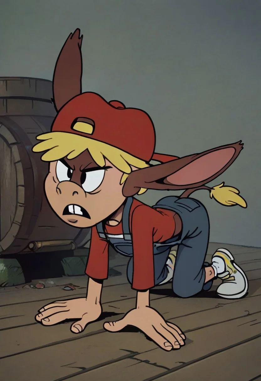(score_9 | score_8_up | score_7_up) ((masterpiece:1))(best quality,very high quality,ultra detailed:1.2) (2D,cartoon style,anime style)(Smooth:2)(clean blurring) (four fingers on each hand,one thumb on each hand:1), Leif Loud, solo, 1boy, Blonde hair, missing teeth, baseball cap facing backwards, blue overalls, white shoes, Full Donkey, half donkey, donkey head, donkey ears, donkey tail, all fours