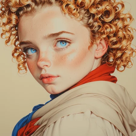 <lora:Hyperdetailed_Colored_PencilSDXL:1> ArsMJStyle, Colored pencil hyperdetailed realism, The image is a close-up portrait of a young woman's face. She has curly blonde hair that is styled in loose curls and falls over her shoulders. Her eyes are blue and her lips are slightly parted as if she is looking off into the distance. She is wearing a red and blue scarf around her neck which is draped over her shoulder. The background is a light beige color and the overall mood of the image is dreamy and ethereal., solo, 1girl, freckles, blue eyes, parted lips, portrait, curly hair, simple background, eyelashes, lips