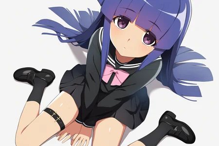higurashimei, 1girl, solo, furude rika, petite, blue hair, purple eyes, long hair, bangs, flat chest, simple background, white background, flat chest, shirt, skirt, long sleeves, bow, sitting, school uniform, heart, pleated skirt, frills, shoes, socks, serafuku, black skirt, sailor collar, black footwear, black shirt, thigh strap, wariza, black socks, cross, pink bow, between legs, hand between legs, latin cross, 
(atmospheric perspective),  
(masterpiece, best quality, absurdres, highres, newest, very awa:1.2), 
