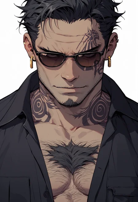 (score_9, score_8_up), score_7_up, zPDXL, 1boy, facial tattoo, face tattoo, yakuza, black glasses, sunglasses, black hair, medium hair, black suit, shirtless, body tattoo, chest hair, facial hair, white background, gold earrings <lora:Sinozick_Style_XL_Pony:1>, sinozick style, flat color