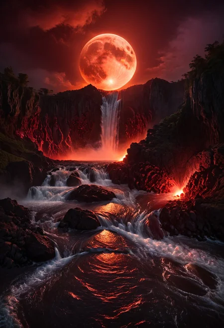 a volcanic eruption, a river of fiery red lava, a waterfall, a large red moon in the background, dramatic lighting, cinematic composition, photorealistic, (best quality,4k,8k,highres,masterpiece:1.2),ultra-detailed,(realistic,photorealistic,photo-realistic:1.37),dramatic lighting,dramatic sky,dynamic composition,volumetric lighting,intricate details,vivid colors,3d render,concept art