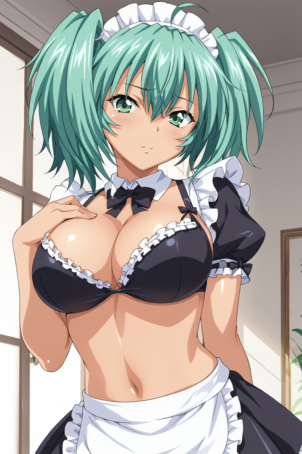 score_9, score_8_up, score_7_up, BREAK source_anime, masterpiece, anime screencap, shiny skin,1girl, ryofu, short twintails, hair between eyes, ahoge, green hair, green eyes, large breasts,  <lora:ryofu_pony:1>
maid suit, bikini,