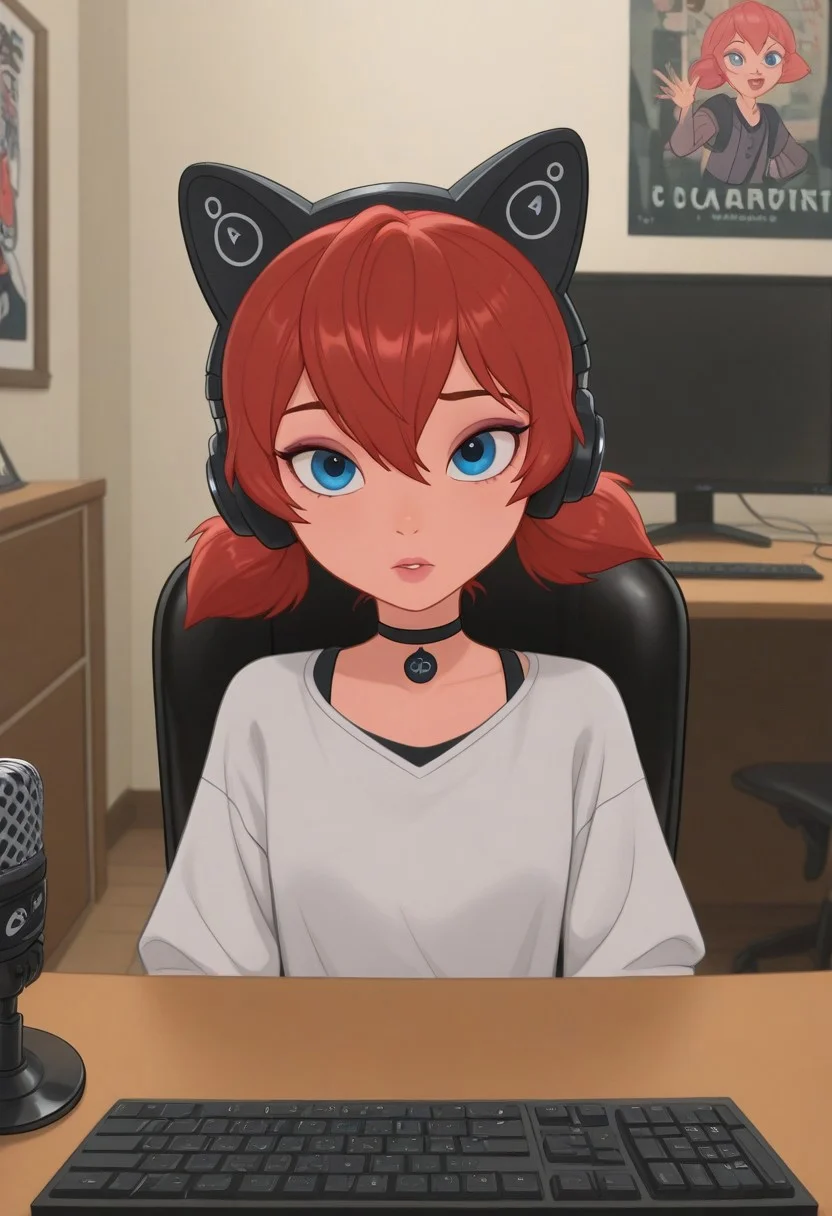 masterpiece, best quality, amazing quality, very aesthetic, absurdres, newest, disney animation, solo female,
blue eyes, red hair, pink hair, short hair, short twintails, bangs,
<lora:Disney_Animation_v5-V7:1>
W3BC4MP0V, KEYBOARD (COMPUTER), MOUSE (COMPUTER), CHAIR, 1GIRL, FR0NT, DESK, room, indoors, choker, shirt, headphones, posters, looking at viewer, microphone, cat ears headphones, makeup,