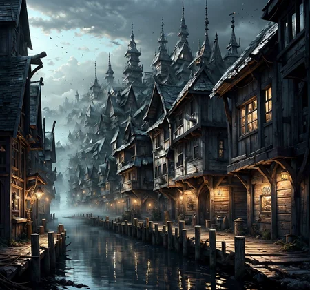 RAW photo, (masterpiece:1.3), subsurface scattering, heavy shadow, (high quality:1.4), (intricate, high detail:1.2), professional photography, HDR, High Dynamic Range, realistic, ultra realistic, photorealistic, high resolution, film photography, ambient lighting, atmospheric effects, <lora:detail_slider_v4:2>, OverallDetail, DarkFantasy, <lora:Laketown:1>, laketown, a (shabby) village in a lake, old, derelict, small wooden huts, dirt, water, dark, fog,