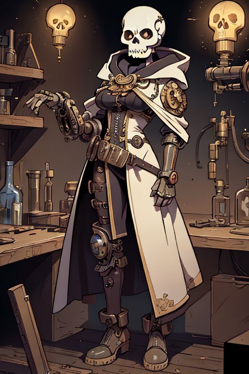 ((masterpiece, best quality)), techpriest, mechanical arms, steampunk, hood, robe, floating techno skull, laboratory background