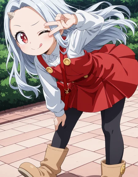 ultra-detailed, ultra-detailed eyes, ultra-detailed fingers, ultra-detailed hands, anime screencap, anime coloring, round face, cute face, cute, adorable, moe, outdoors,
1girl, Eri, child, white hair, long hair, red eyes, light pupils, single horn, red dress, white shirt, long sleeves, black leggings, beige boots, red purse,
v over eye, legs apart, licking lips, leg up, (v-shaped eyebrows, one eye closed:1.1), bent over,
<lora:spo_sdxl_10ep_4k-data_lora_webui_482964:1>, <lora:add-detail-xl:1>, <lora:Eri_-_My_Hero_Academia__Boku_no_Hero_Academia_-_Illustrious:1>,
masterpiece, best quality, amazing quality, very aesthetic, absurdres,