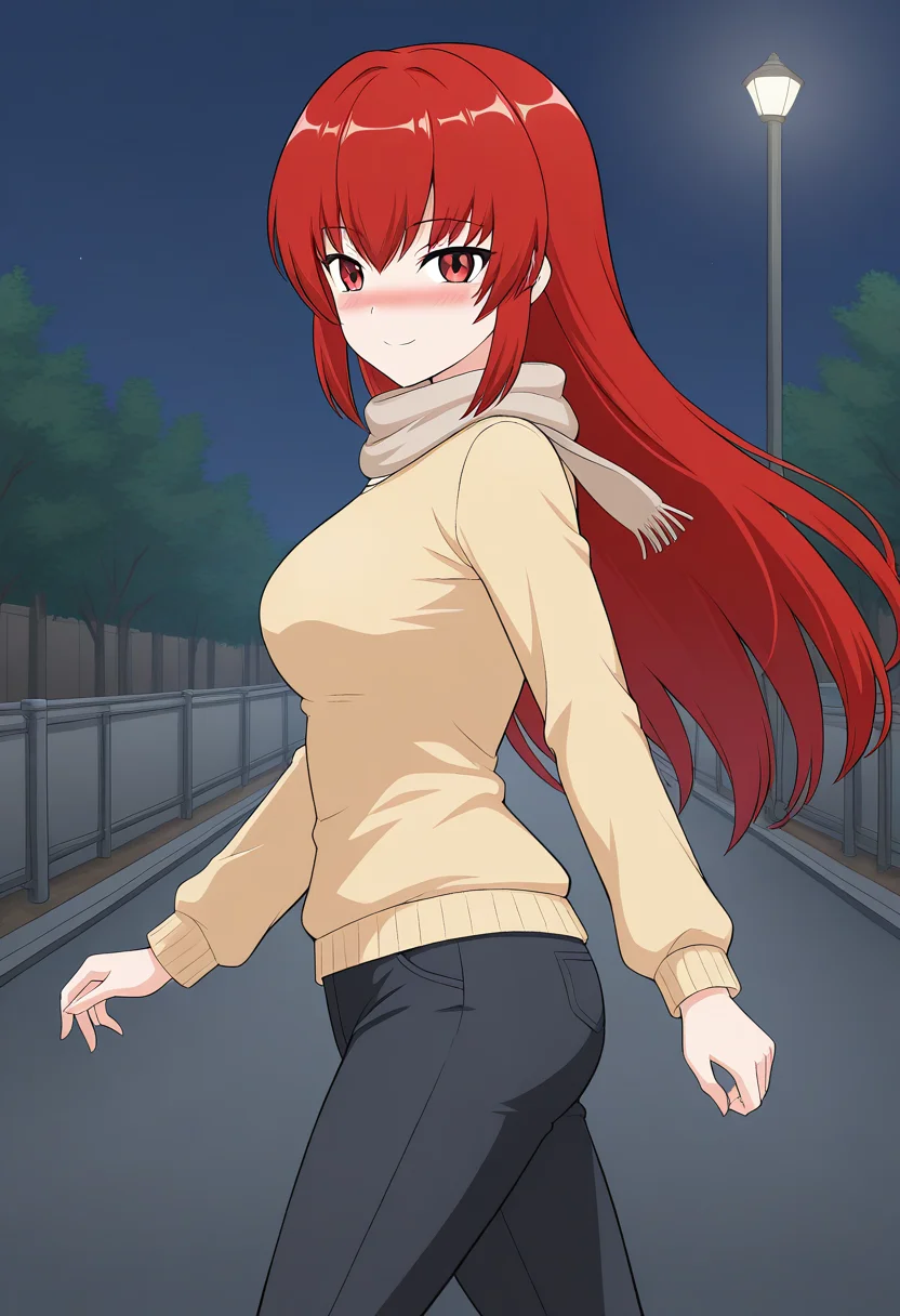 1girl, solo, satsukirindorival, red hair, long hair, hair down, red eyes, yellow shirt, long sleeves, sweater, scarf, black pants, walking, outdoors, night, from side, looking at viewer, smile, blush