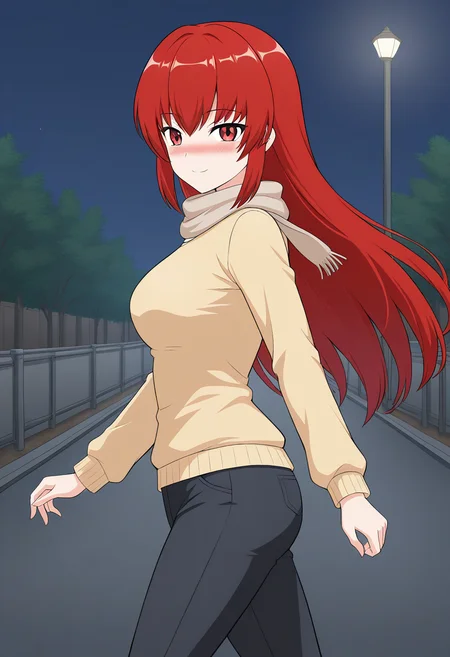 1girl, solo, satsukirindorival, red hair, long hair, hair down, red eyes, yellow shirt, long sleeves, sweater, scarf, black pants, walking, outdoors, night, from side, looking at viewer, smile, blush