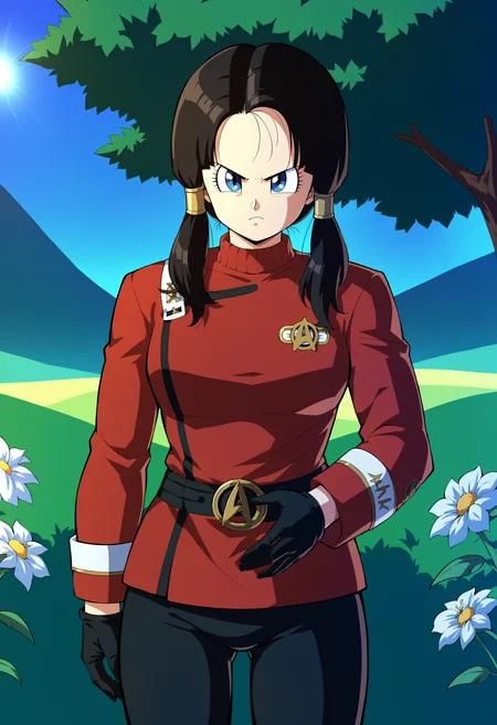 score_9, score_8_up, score_7_up, BREAK <lora:videl:0.8> 1girl, solo, long hair, looking at viewer, blue eyes, black hair, gloves, twintails, eyelashes, frown, black gloves,cowboy shot, street background, from below
,field scenery,flowers,sun,
(twokunf,star trek red uniform intendation,long sleeves,white shoulder strap,black pants,black belt)<lora:TWOKpony>