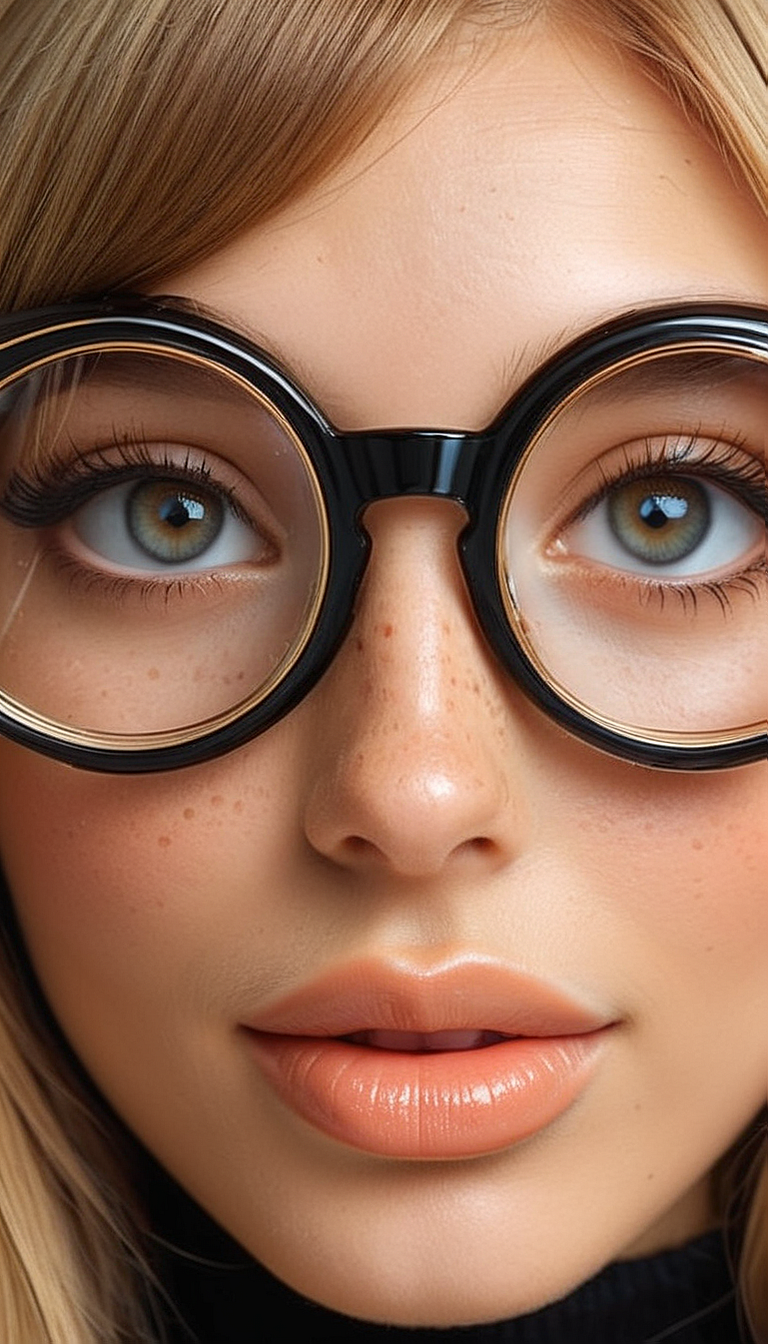 Close-up gorgeous blonde girl face, cute, petite, (bangs:1.1), freckles, light tan, striking huge eyes, aligned eyes, mirror eyes, (smile:1.1),
(wearing very detailed Venetian Mask:1.1),  perfect hair,round black glasses,
BREAK,
(very long lashes:1.5), trendy portrait,
tender Aesthetic nose, ears, puffy lips, sensual lips, detailed texture, detailed eyes, detailed skin, clean skin,
<lora:Someplastic:1>, (ultra sharp focus:1.8), (detailed skin:1.8), (thin lines:1.8), (best quality:1.8),
<lora:Apparatus_-_Traction_City_Walkers_Vehicles:0.7>,
<lora:add-detail-xl:2> (ultra sharp focus:1.8), (detailed skin:1.8), (thin lines:1.8), (best quality:1.8),
<lora:glowneon_xl_v1:0.8>
