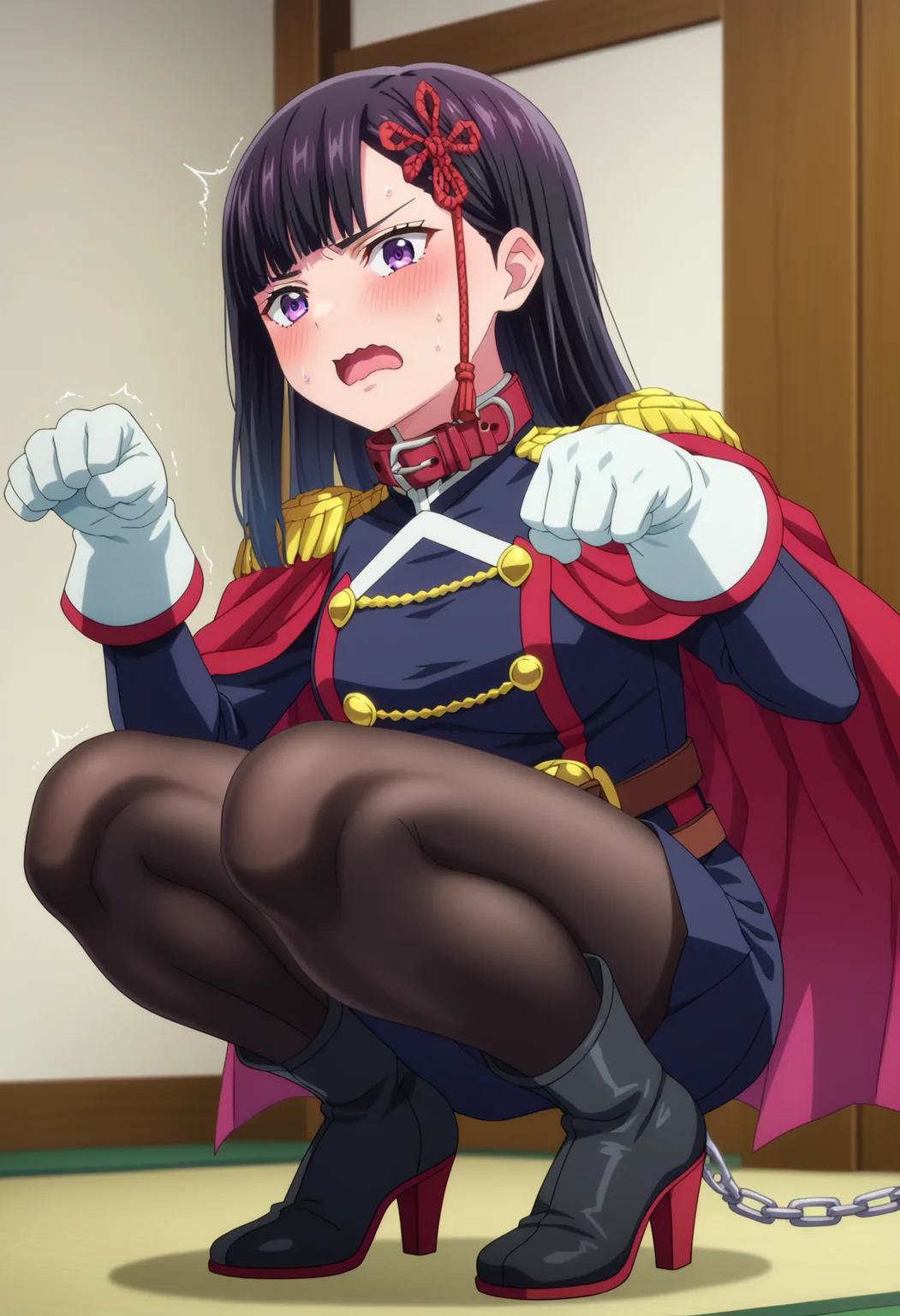 score_9, score_8_up, score_7_up, source_anime, 
BREAK
1girl, solo, 
<lora:shiRenYamishiroAnimeV1:1>, 
shirenyamashiro, anime screencap, anime coloring, 
long hair, black hair, purple eyes, blunt bangs, 
military uniform, long sleeves, white gloves, red cape, belt, epaulettes, 
black pantyhose, high heel boots, squatting, blush, leash, paw pose, collar, chain, 
looking at viewer, steaming body, angry, open mouth, sweat, trembling, tongue out, shy, wavy mouth,