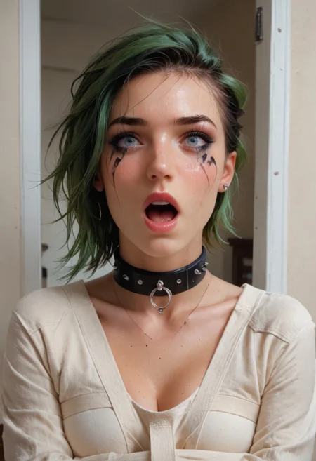 score_9, score_8_up, score_7_up, score_6_up, easynegative, Expressiveh,
portrait view, extreme close-up of face, focus on face, tight shot of face,
1girl (straitjacket, ((submissive slut)), (punk girl, face (gorgeous, perfect, flawless, stunning), French girl, short green hair shaved on one side, punk makeup, heavy mascara, mascara running, pale complexion, breasts (small, firm, perky), short, slender, AS-YoungestV2:2, best quality, petite, innocent),
long shadows, light from open doorway,
tears, shocked expression, struggling, rating_explicit,