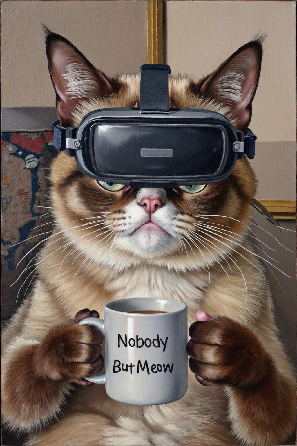 sspencer1 painting.
Grumpy Cat holding a coffee mug, wearing a VR Headset. The mug has the phrase "NobodyButMeow" printed <lora:sspencer1_cap_d6a3:1.0><lora:832111044429133799:0>