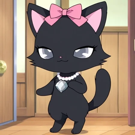 (score_7_up:0.6), (source_cartoon:1.2), 
indoors, 
standing,smile,happy, Full Body, Romantic, Small Body, Furry, looking_pleasured,  jewel pet, ((solo,1girl,female)),center,Diana,perfect diana,(black fur,black body),solo,grey eyes,((narrowed eyes)),mesugaki,mischievous_smile,naughty_face,insult,
no humans,animal,cat,cat ears,(pink inner ears),
jewelry,heart_gem,necklace,pink bow, right-handed,