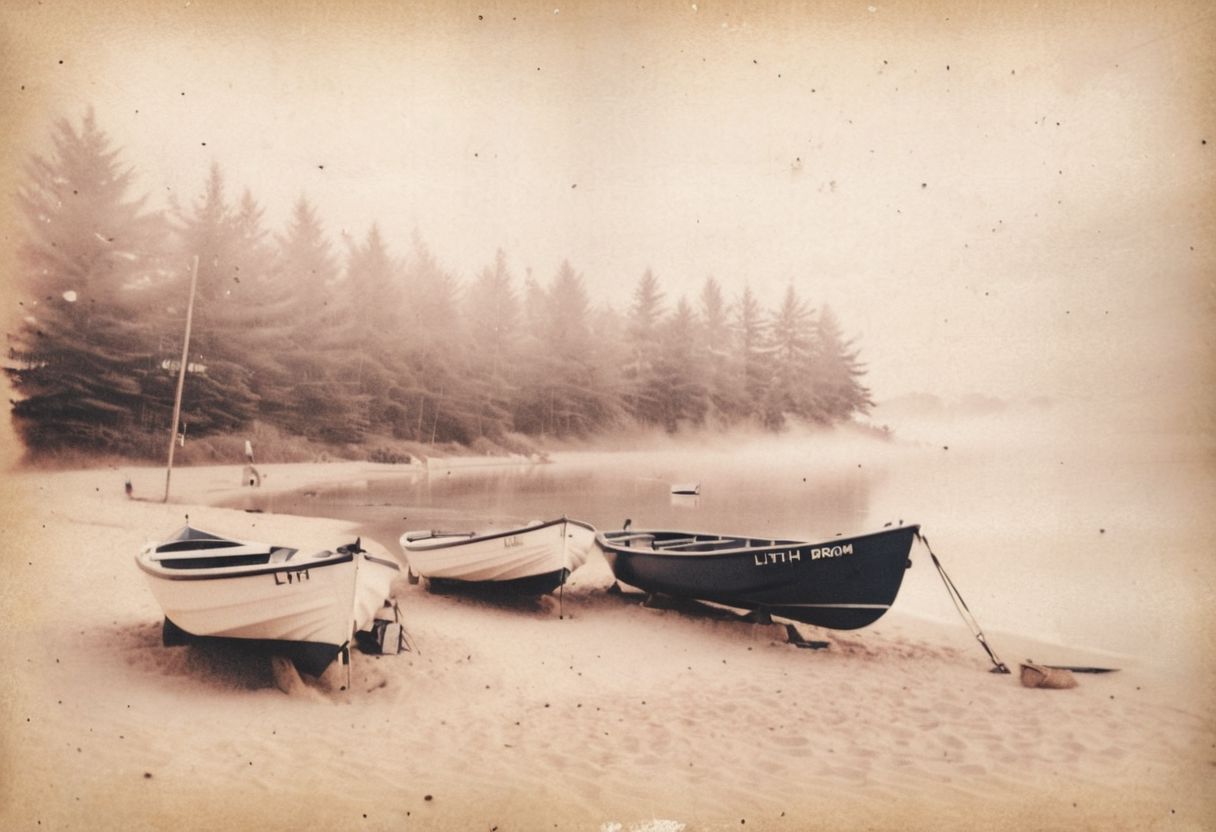 lith_argenta_Brom_Spezial_BBS151, instagram photo, a foggy beach with some boats, hard shadows, film grain