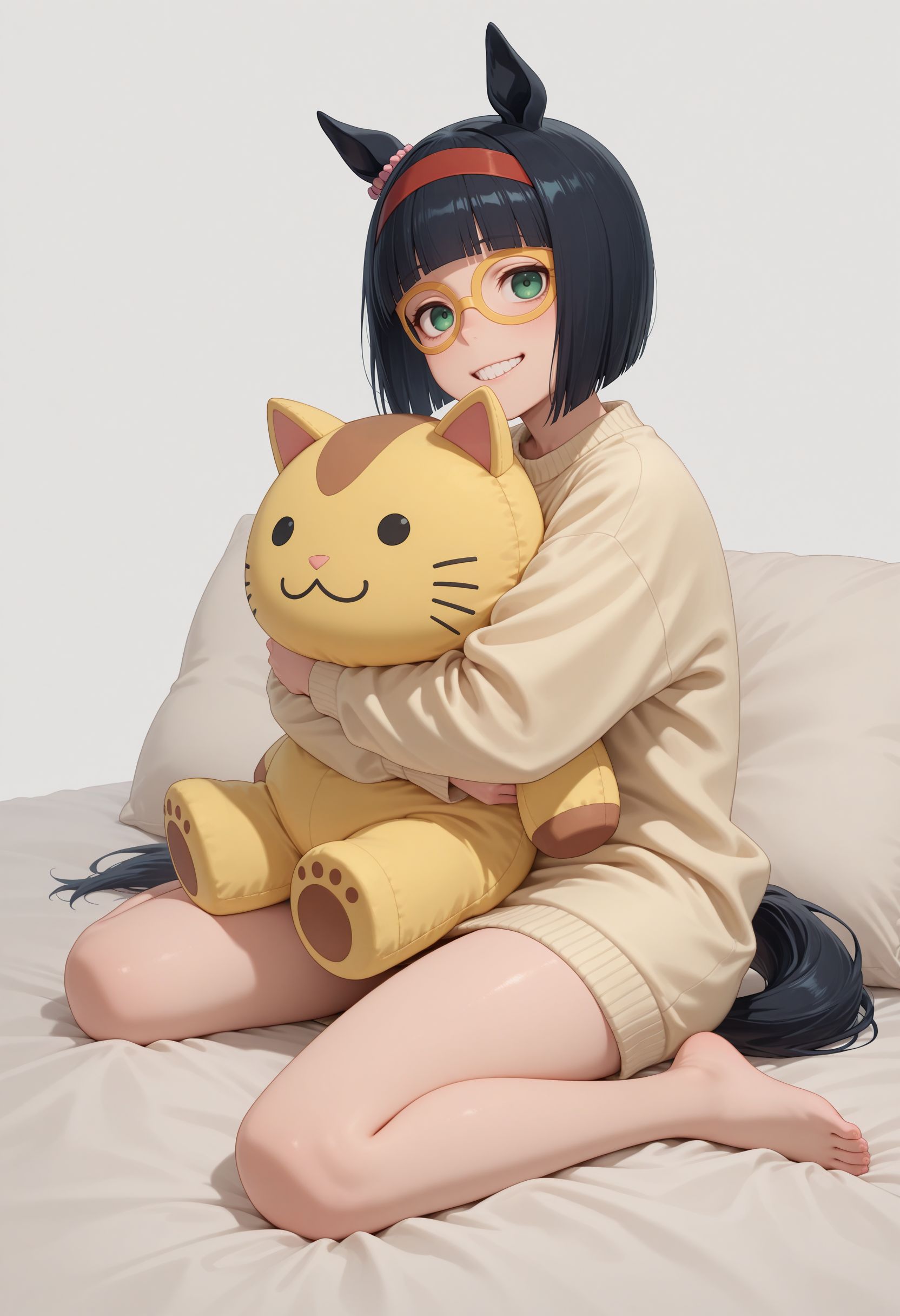 masterpiece, best quality, amazing quality, very awa,absurdres,newest,very aesthetic, looking at viewer,
 <lora:Mini the Lady noob:0.9> 1girl, girls, short hair, bob cut, blunt bangs, black hair, red hairband, animal ears, horse girl, horse tail, green eyes, teeth, ear ornament, yellow glasses, 
sitting, smile,, white background, stuffed toy, sweater dress,, simple background, stuffed cat, hugging object, stuffed animal, pillow, full body, closed mouth, hair bow, long sleeves, looking up