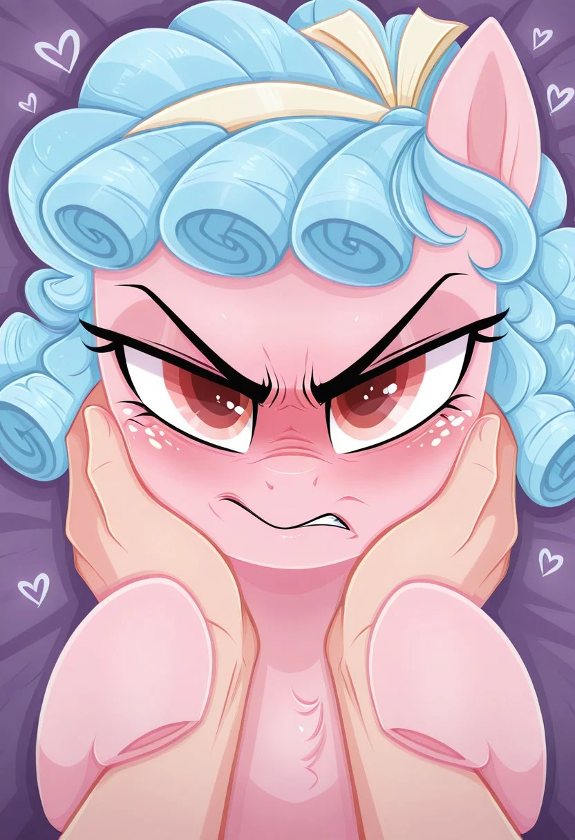 pony, 1girl, solo, feral, pony, mare, cg-mlp, pony, imp4ct_style, pegasus, pink body, red eyes, pale blue hair, ringlets, yellow hairband, freckles, close_up, pov, hand_pov, hand_on_face, double_hands, face_grab, cute, heart_stickers, angry_expression, blushing, sus,