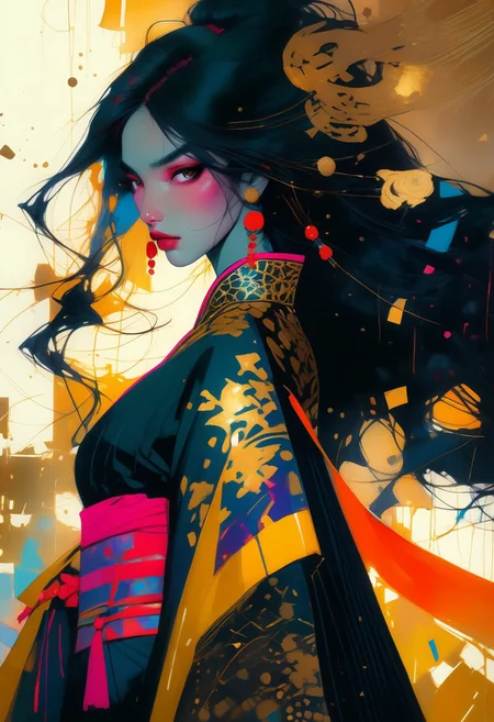 score_9, score_8_up, score_8_up, ((Cinematic composition)),((masterpiece)), (resplendent highlighting), 8k.
1girl, (full body, facing camera, from low to the ground). beautiful Lebanese Chinese princess swinging a battle axe, a modern Chinese qipao of deep purple and black and gold, ((full body)) long naturally wavy black hair caught up by the wind. (resplendent highlighting of her face). Charcoal and colourful oil pastels. impressionistic bidimensional.
faded watercolours (Klimt :1.2) dadaistic collage (by Bill Sienkiewicz:1.5), strikingly alluring face. brilliant spotlight effect. A splash of paint explodes out of her chest. Vibrant thick dripping paint. Intense detail, realistic, dynamic shadows and contrasts.
surreal, intense colors, liquid, unreal parts, alluring, fluid, perfection, gothic. (Luminous skin dynamically highlighted), Illustration, (klimt:0.8) (Bill Sienkiewicz:1.5). maximum detail, Chinese watercolor and ink technique. Gold leaf highlights.
<lora:xl_more_art-full_v1:0.4> <lora:epi_noiseoffset2:1>3