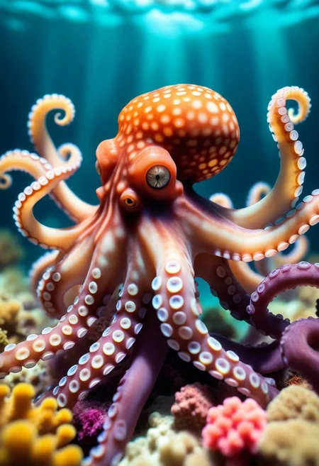 octopus, underwater, coral reef. Wildlife photography. National geographic. Hypercube ferrofluid. Motion blur. By Alberto Seveso. Bokeh. Depth of focus. Sharp focus. Tilt shift. Macrophotography. 4K. 8K. HDR. Postprocessed. Volumetric lighting