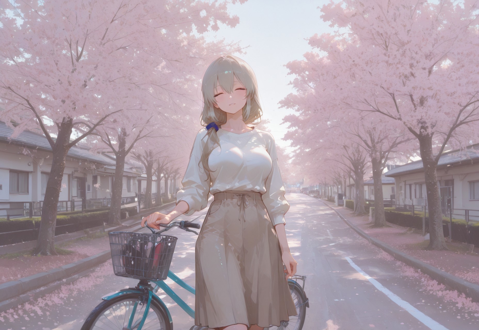 masterpiece, best quality, hyper-realistic, ultra-HD, luminous lighting, cinematic ambiance, shimmering gradients, ethereal glow, deep contrast, rich color tones, seductive atmosphere, captivating sensuality, Cinematic Lighting, raytracing, volumetric lighting, ambient occlusion, very awa, absurdres, amazing quality, ultra-detailed,8K,illustration,CG, 
shiny hair,clear skin,ultra-detailed-eyes,simple background,cute girl, eyelashes, slender, long hair, large breasts, (mature female:1.4), slim body, long lushes, long legs, flat stomach, enchanting eyes, usnr, 748cmstyle,
1girl, uzaki tsuki, facing viewer, sweater, long skirt, indoors, 
BREAK 
solo, 1girl, machikado, bicycle, ground vehicle, outdoors, cherry blossoms, tree, wide shot, scenery, bicycle basket, building, coat, day, real world location, road, photo background, cowboy shot, 