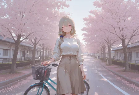 masterpiece, best quality, hyper-realistic, ultra-HD, luminous lighting, cinematic ambiance, shimmering gradients, ethereal glow, deep contrast, rich color tones, seductive atmosphere, captivating sensuality, Cinematic Lighting, raytracing, volumetric lighting, ambient occlusion, very awa, absurdres, amazing quality, ultra-detailed,8K,illustration,CG,
shiny hair,clear skin,ultra-detailed-eyes,simple background,cute girl, eyelashes, slender, long hair, large breasts, (mature female:1.4), slim body, long lushes, long legs, flat stomach, enchanting eyes, usnr, 748cmstyle,
1girl, uzaki tsuki, facing viewer, sweater, long skirt, indoors,
BREAK
solo, 1girl, machikado, bicycle, ground vehicle, outdoors, cherry blossoms, tree, wide shot, scenery, bicycle basket, building, coat, day, real world location, road, photo background, cowboy shot,
