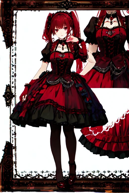 crimson_color dress, embroidery, jewelery, gown, frills, gloves/elbow gloves, high heels/shoes, pantyhose/thighhighs