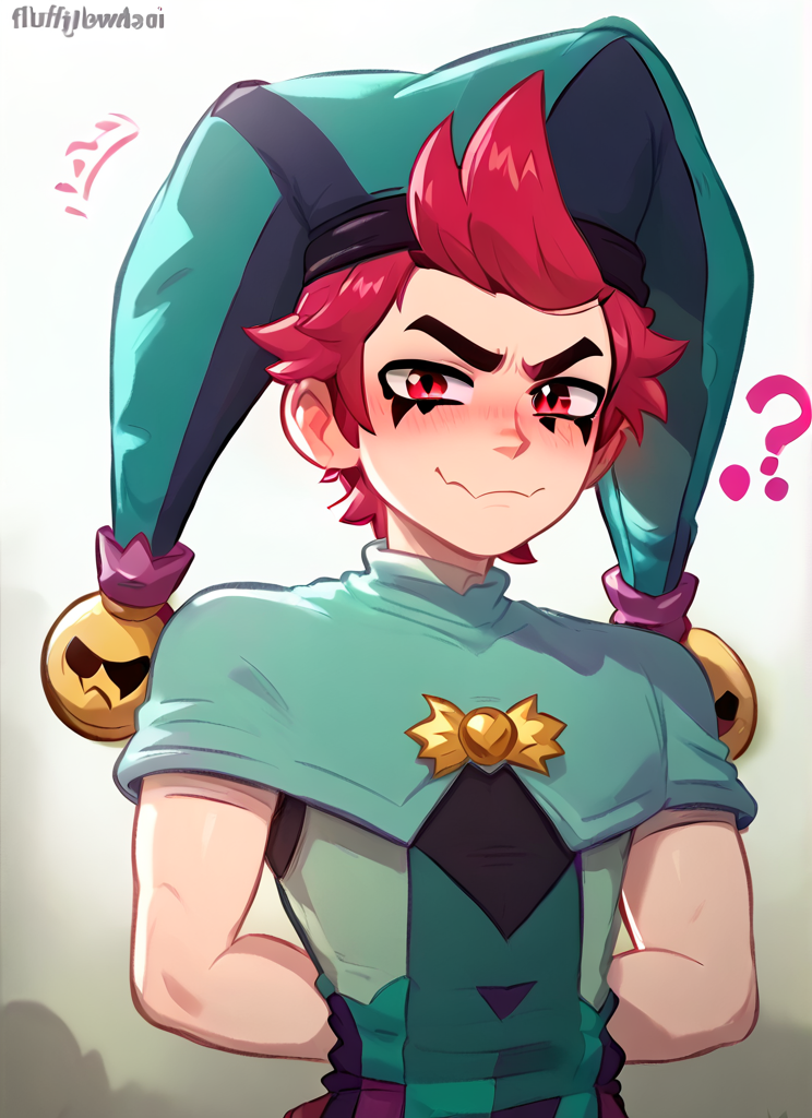 score_9, score_8_up, score_7_up, <lora:bschester:1> 1boy, bschester , pink hair, red eyes , jester cap,  green headwear  ,green jumpsuit,  capelet,  ,solo  , blush,  evil smile,,  confused,  ???  ,arms behind back,  looking at viewer,  closed mouth  ,<lora:fluffylewdsai:1> fluffylewdsai   red boots,