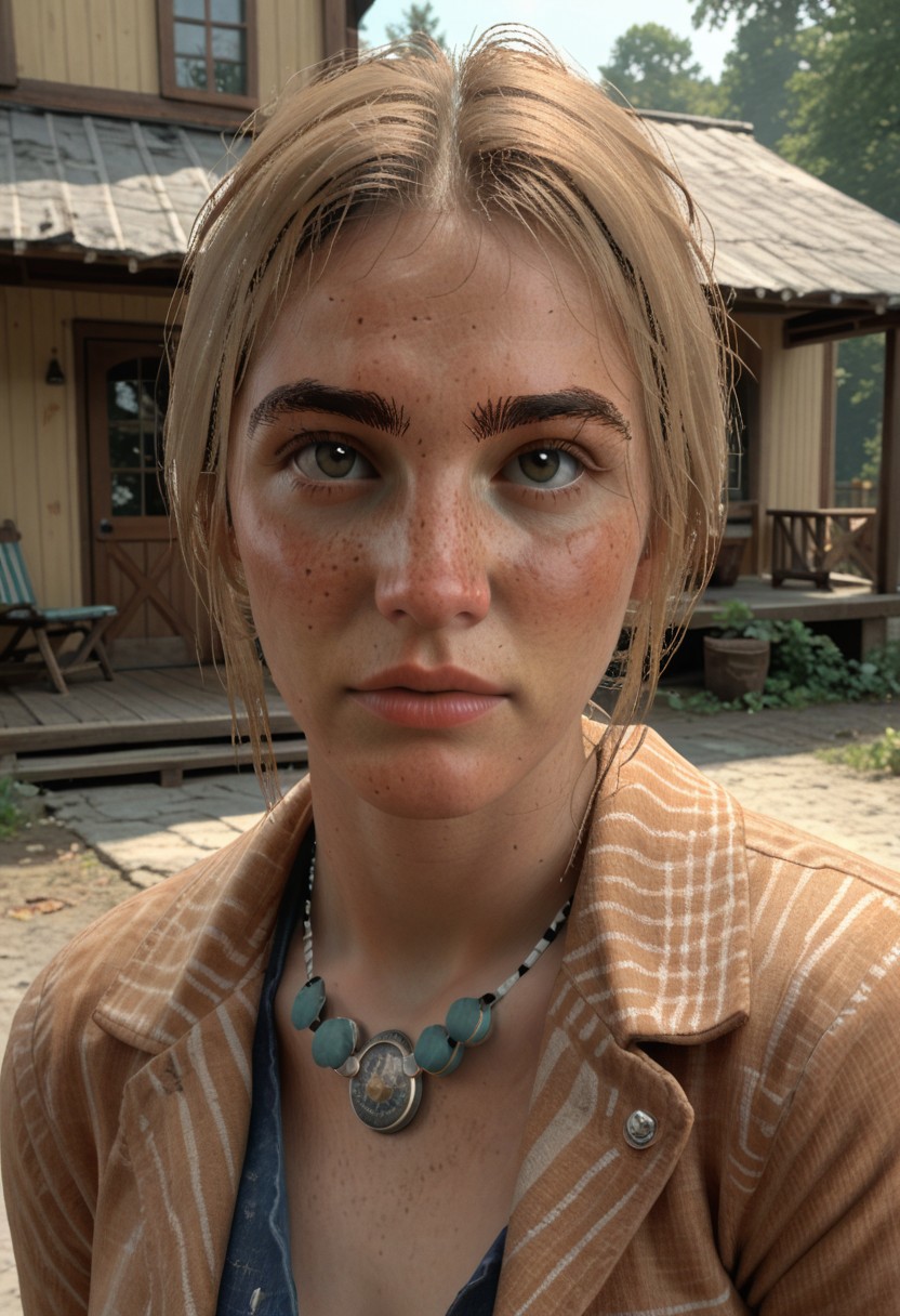 score_9, score_8_up, score_7_up on a Bonnie freckles  on a  porch close looking at viewer in a western town dry and dusty outside RDR2
