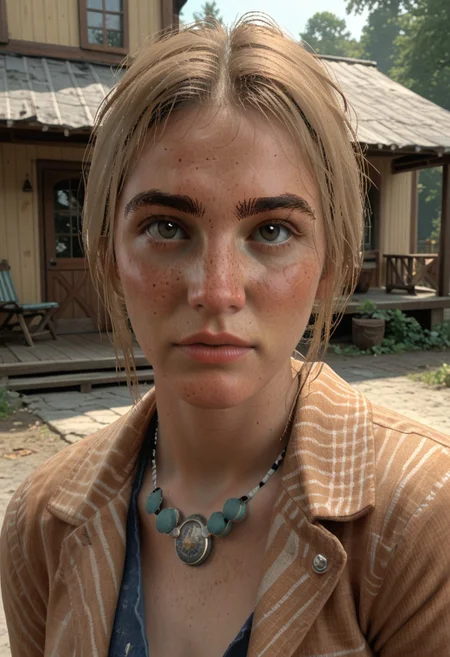 score_9, score_8_up, score_7_up on a Bonnie freckles on a porch close looking at viewer in a western town dry and dusty outside RDR2