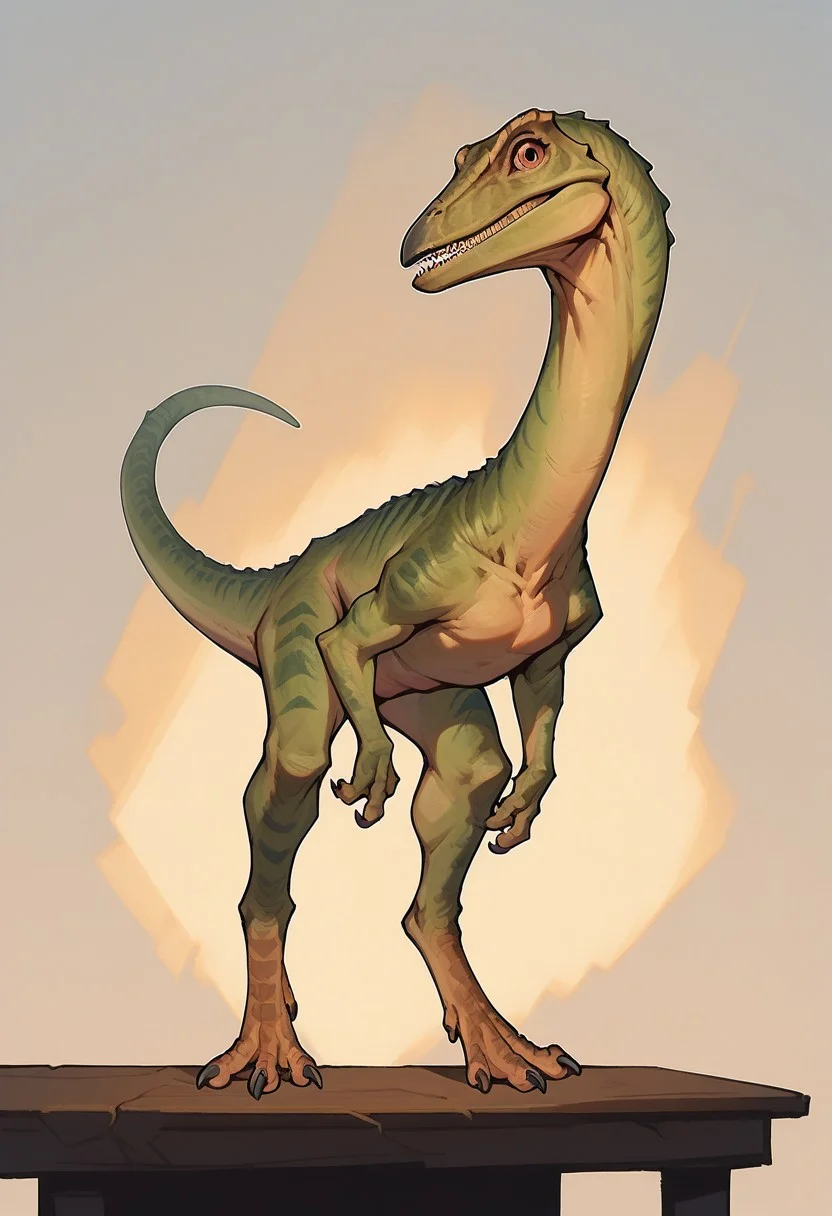 score_9, score_8_up, score_7_up, (solo), 1boy, solo, compsognathus, small feral dinosaur, 3 fingers, claws, dinosaur legs, orange eyes, green skin, kithcen, dinosaur on the table