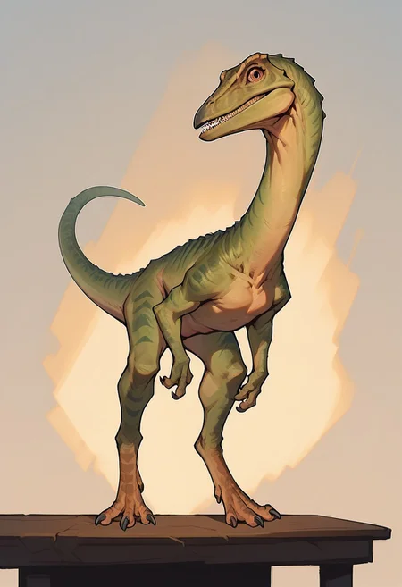 score_9, score_8_up, score_7_up, (solo), 1boy, solo, compsognathus, small feral dinosaur, 3 fingers, claws, dinosaur legs, orange eyes, green skin, kithcen, dinosaur on the table