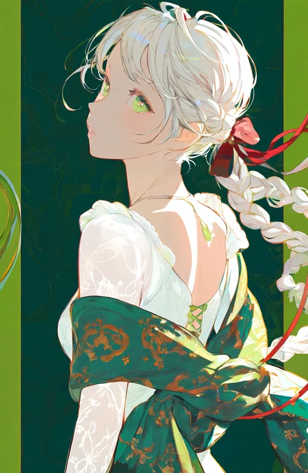 1girl, solo, long_hair, looking_at_viewer, bow, green_eyes, upper_body, white_hair, braid, parted_lips, looking_back, green_background
