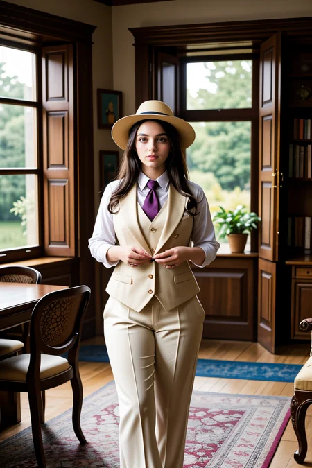 <lora:LCM_LoRA_Weights_SD15:1>,<lora:detail_slider_v4:1.1>,(debonair dapper 28yo old adult gentlewoman, plump build, extra long dark hair), persian, mahogany skin, hazel eyes, wearing a panama hat, white silk vest, tailored trousers , chelsea boots with polished finish, silk tie, silk pocket square,carrying a leather briefcase, set in a cozy country manor, featuring a large oak dining table, antique china cabinets, a plush armchair by a bay window, a woven rug, during sunset,fantasy portrait photography, beautiful eyes, ethereal beauty, magical atmosphere, whimsical element, enchanting composition, mystical storytelling, professional lighting, imaginative concept, creative styling, otherworldly aesthetic, fantasy romance, surreal visual, enchanting character, captivating narrative, intricate detail, vibrant color, fantastical landscape,